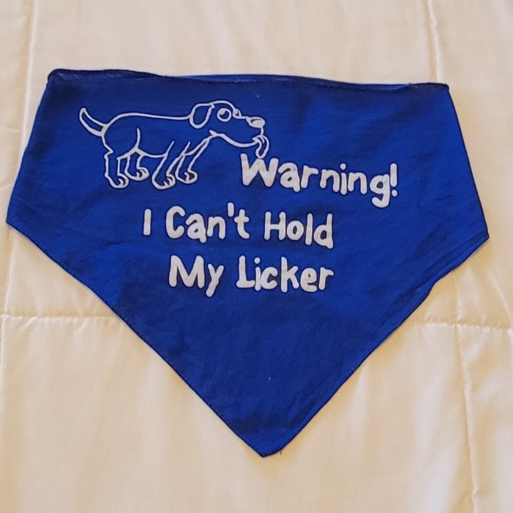 Pet Blue & White Bandana Scarf "Warning! I Can't Hold My Licker" 27" Wide.